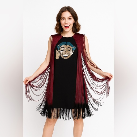 Elisabetta Franchi sequins face black fringe mini dress IT size 44/ US 6/8 lbd - Picture 1 of 12